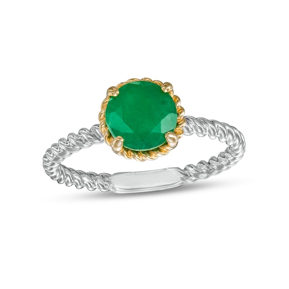 7.0mm Emerald Solitaire Rope-Textured Frame and Shank Ring in Sterling Silver and 10K Gold