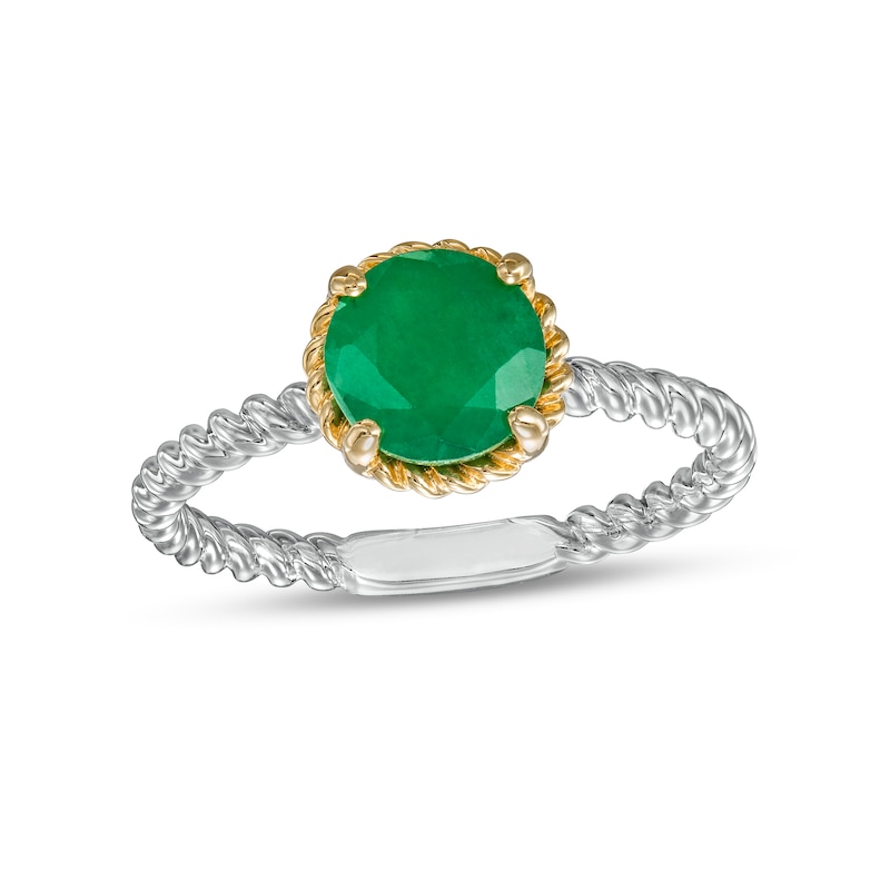 Main Image 1 of 7.0mm Emerald Solitaire Rope-Textured Frame and Shank Ring in Sterling Silver and 10K Gold