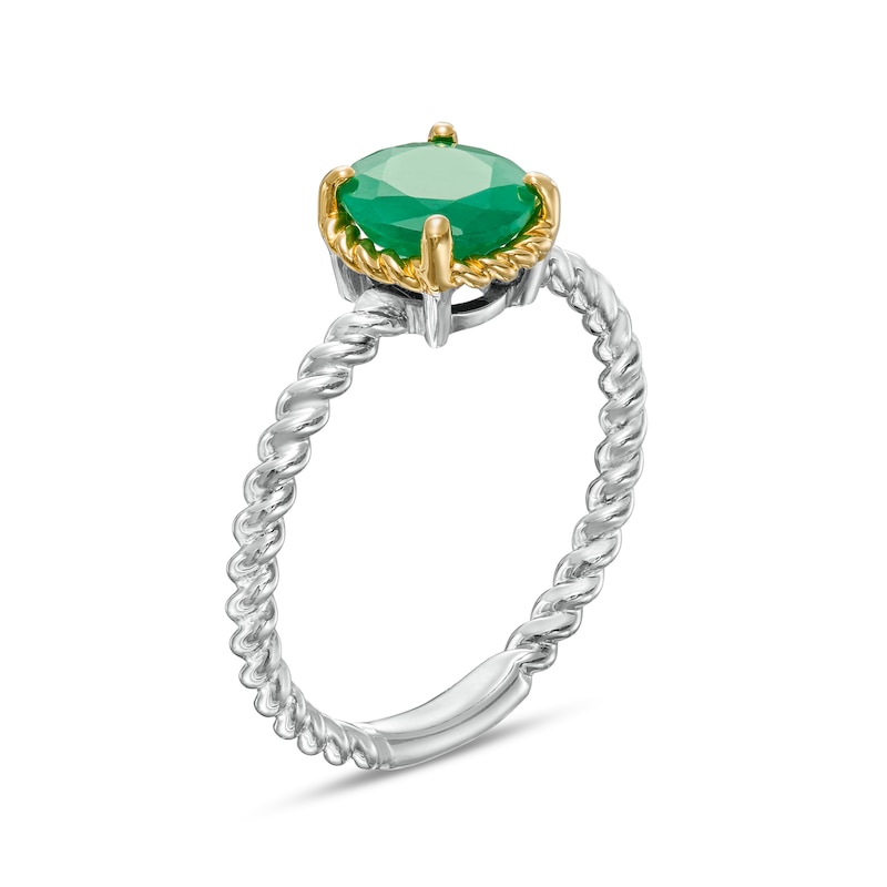 Main Image 3 of 7.0mm Emerald Solitaire Rope-Textured Frame and Shank Ring in Sterling Silver and 10K Gold