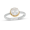Thumbnail Image 1 of 7.0-7.5mm Button Freshwater Cultured Pearl Rope-Textured Frame and Shank Ring in Sterling Silver and 10K Gold