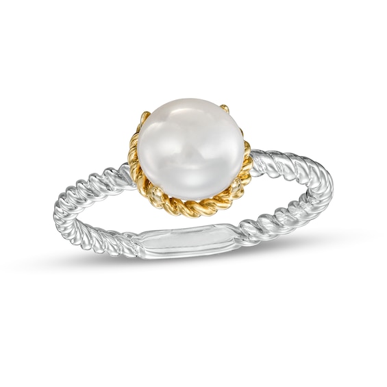 7.0-7.5mm Button Freshwater Cultured Pearl Rope-Textured Frame and Shank Ring in Sterling Silver and 10K Gold