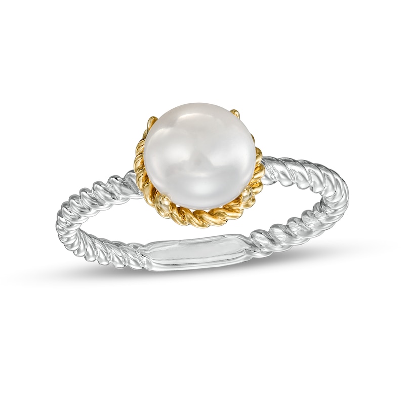 7.0-7.5mm Button Freshwater Cultured Pearl Rope-Textured Frame and Shank Ring in Sterling Silver and 10K Gold