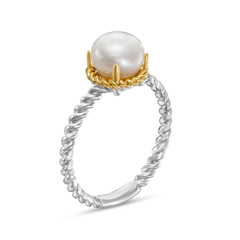 Main Image 3 of 7.0-7.5mm Button Freshwater Cultured Pearl Rope-Textured Frame and Shank Ring in Sterling Silver and 10K Gold