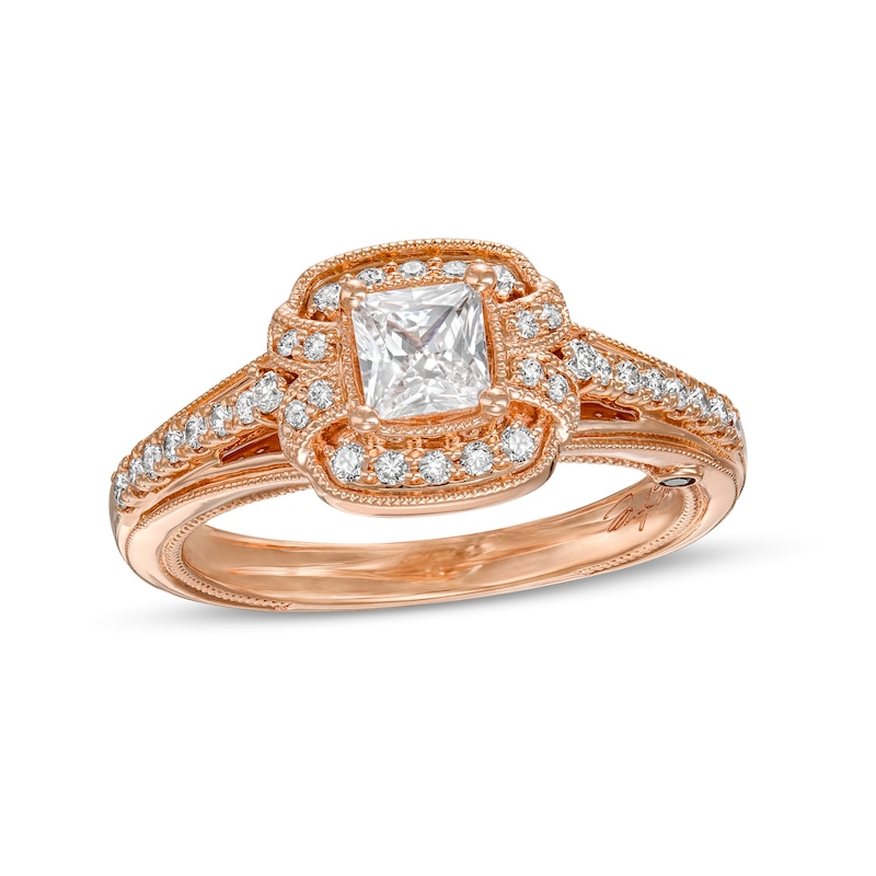 Main Image 1 of Marilyn Monroe™ Collection 3/4 CT. T.W. Princess-Cut Diamond Frame Vintage-Style Engagement Ring in 14K Rose Gold