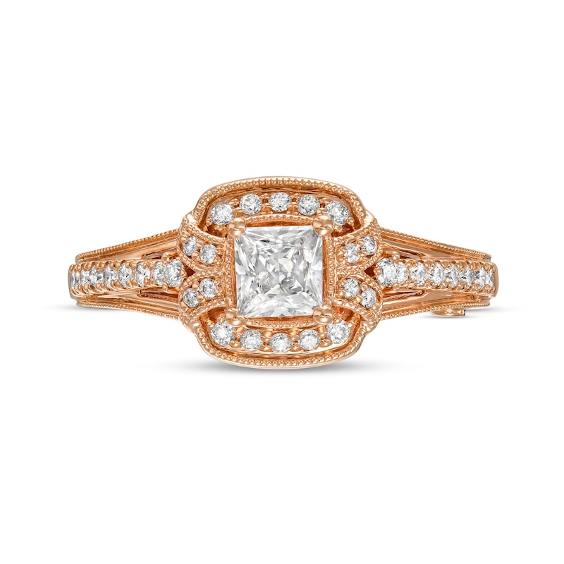 Main Image 4 of Marilyn Monroe™ Collection 3/4 CT. T.W. Princess-Cut Diamond Frame Vintage-Style Engagement Ring in 14K Rose Gold