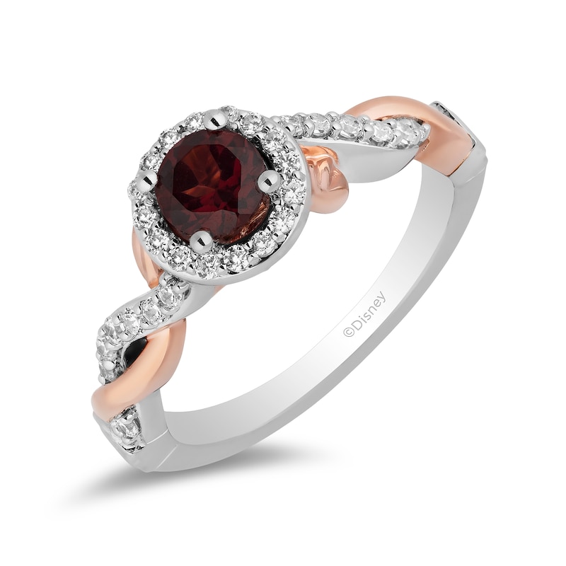 Main Image 1 of Enchanted Disney Snow White 5.0mm Garnet and 1/3 CT. T.W. Diamond Twist Shank Engagement Ring in 14K Two-Tone Gold