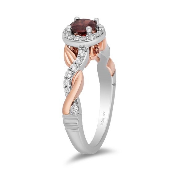 Enchanted Disney Snow White 5.0mm Garnet and 1/3 CT. T.w. Diamond Twist Shank Engagement Ring in 14K Two-Tone Gold
