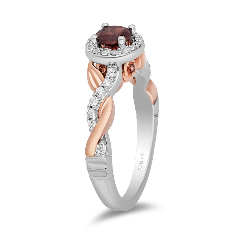 Main Image 2 of Enchanted Disney Snow White 5.0mm Garnet and 1/3 CT. T.W. Diamond Twist Shank Engagement Ring in 14K Two-Tone Gold