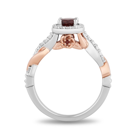 Enchanted Disney Snow White 5.0mm Garnet and 1/3 CT. T.w. Diamond Twist Shank Engagement Ring in 14K Two-Tone Gold