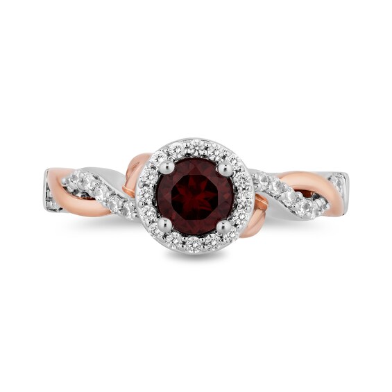 Enchanted Disney Snow White 5.0mm Garnet and 1/3 CT. T.w. Diamond Twist Shank Engagement Ring in 14K Two-Tone Gold