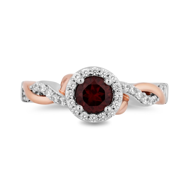Main Image 4 of Enchanted Disney Snow White 5.0mm Garnet and 1/3 CT. T.W. Diamond Twist Shank Engagement Ring in 14K Two-Tone Gold