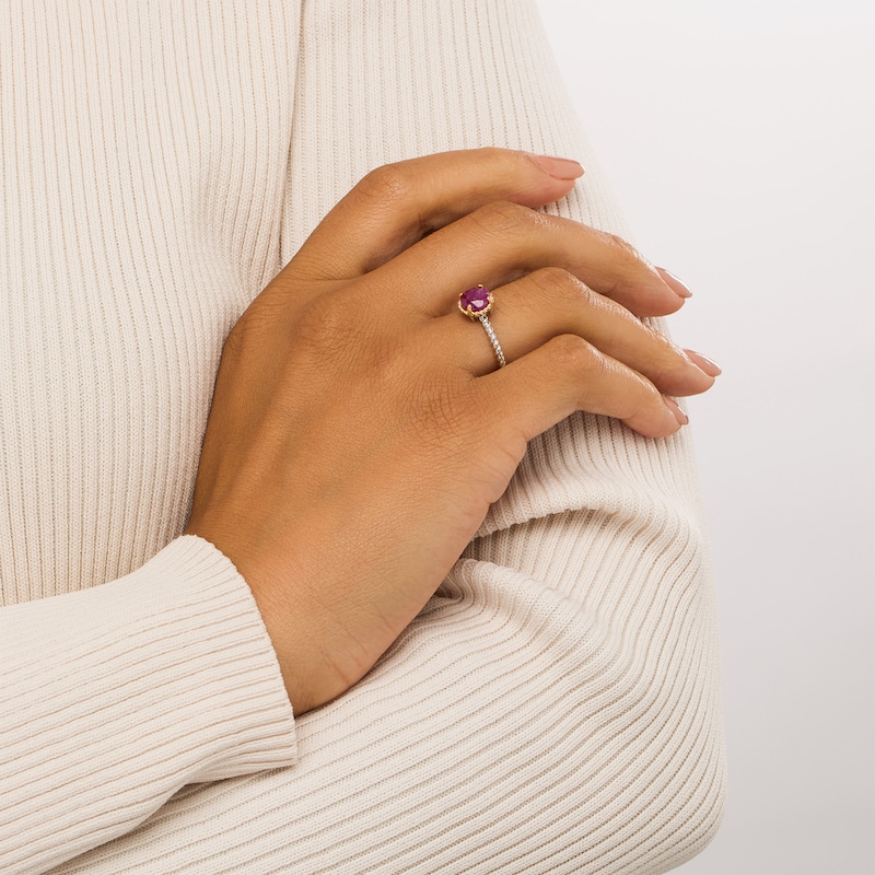 7.0mm Ruby Solitaire Rope-Textured Frame and Shank Ring in Sterling Silver and 10K Gold