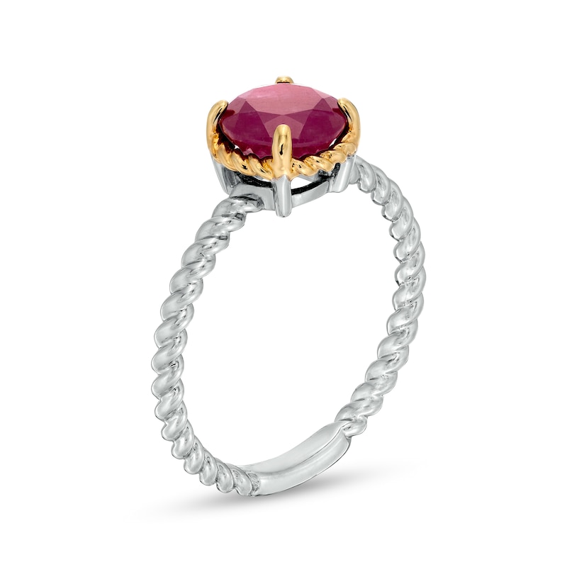 7.0mm Ruby Solitaire Rope-Textured Frame and Shank Ring in Sterling Silver and 10K Gold