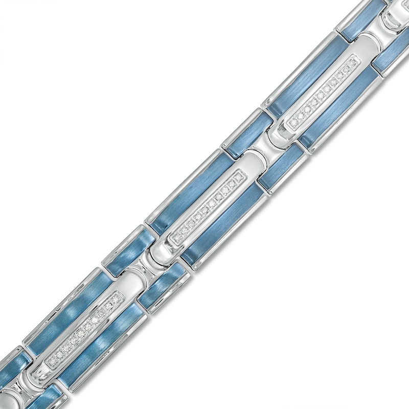 Men's 1/3 CT. T.W. Diamond Multi-Finish Triple Row Link Bracelet in Stainless Steel and Blue IP - 8.5"