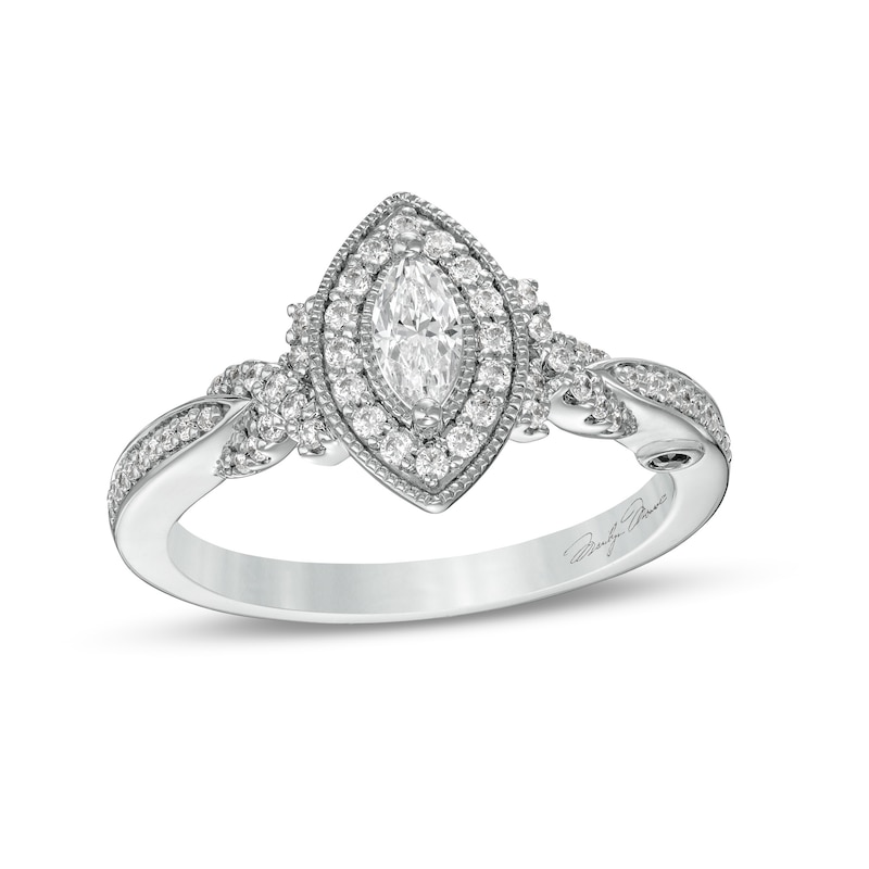 Marilyn Monroe™ Collection 1/2 CT. T.W. Marquise Diamond Frame Twist Shank Engagement Ring in 14K White Gold