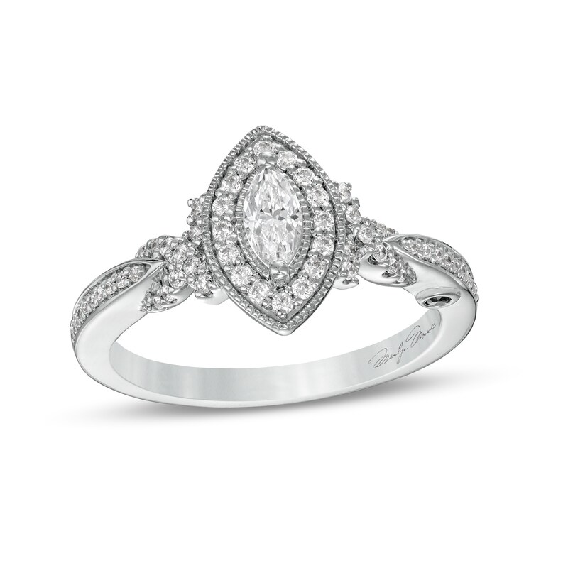 Main Image 1 of Marilyn Monroe™ Collection 1/2 CT. T.W. Marquise Diamond Frame Twist Shank Engagement Ring in 14K White Gold