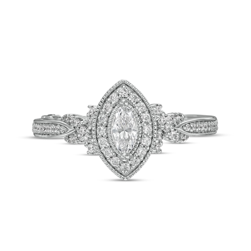 Marilyn Monroe™ Collection 1/2 CT. T.W. Marquise Diamond Frame Twist Shank Engagement Ring in 14K White Gold