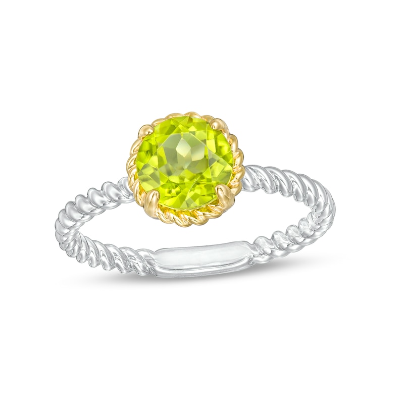 7.0mm Peridot Solitaire Rope-Textured Frame and Shank Ring in Sterling Silver and 10K Gold