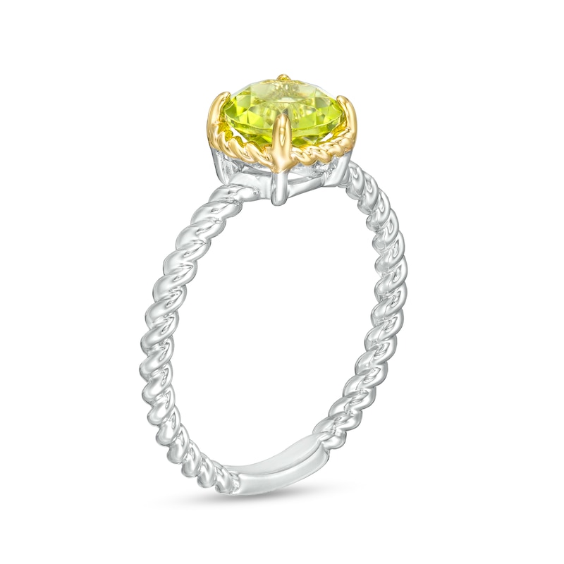 7.0mm Peridot Solitaire Rope-Textured Frame and Shank Ring in Sterling Silver and 10K Gold