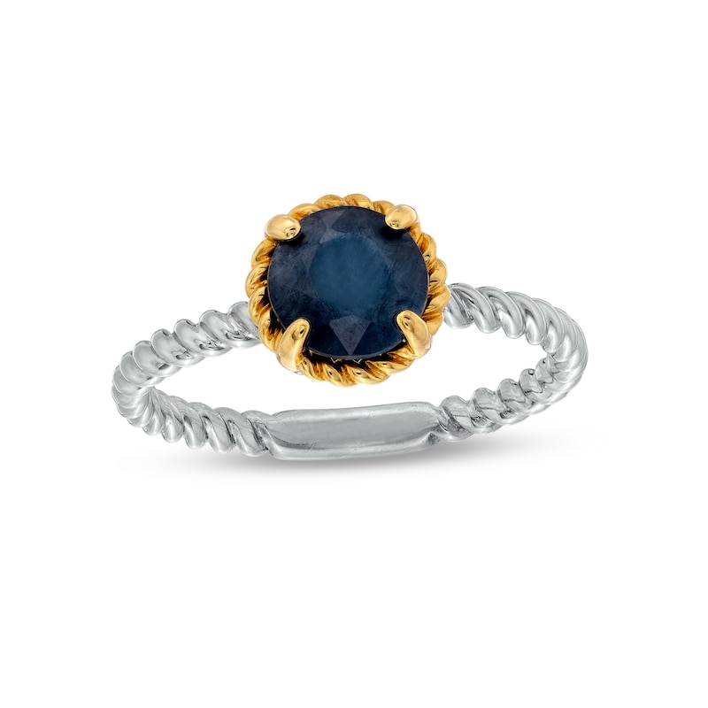 Main Image 1 of 7.0mm Blue Sapphire Solitaire Rope-Textured Frame and Shank Ring in Sterling Silver and 10K Gold