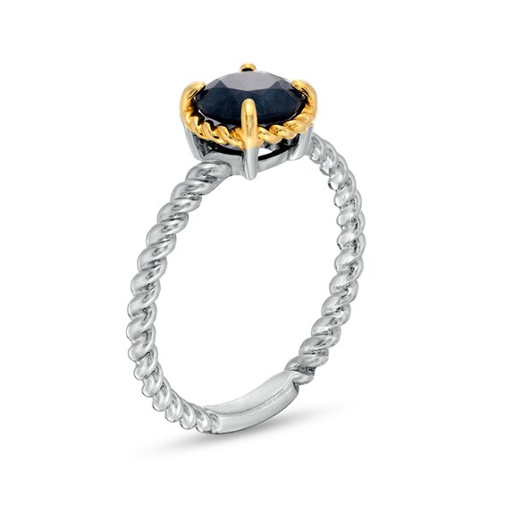 7.0mm Blue Sapphire Solitaire Rope-Textured Frame and Shank Ring in Sterling Silver and 10K Gold