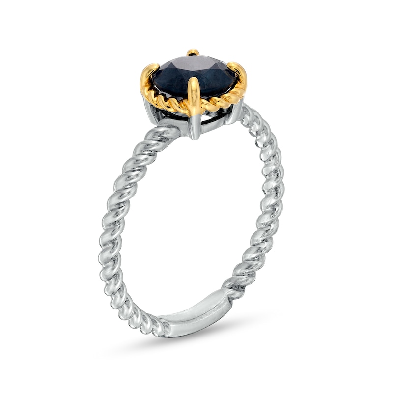 Main Image 3 of 7.0mm Blue Sapphire Solitaire Rope-Textured Frame and Shank Ring in Sterling Silver and 10K Gold