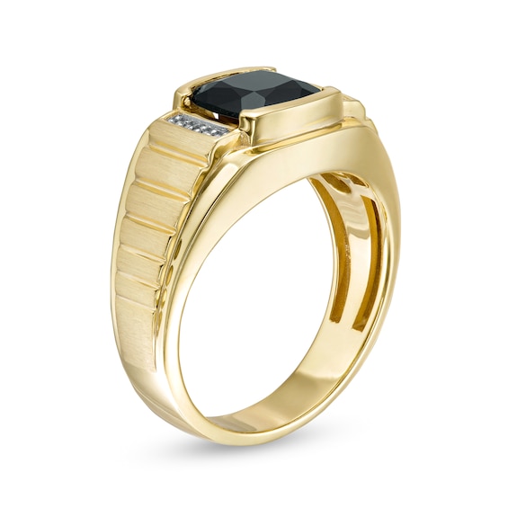 8.0mm Cushion-Cut Black Onyx and Diamond Accent Collar Multi-Finish Ribbed Shank Ring in 10K Gold