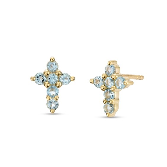 Aquamarine Mini Cross Stud Earrings in 10K Gold