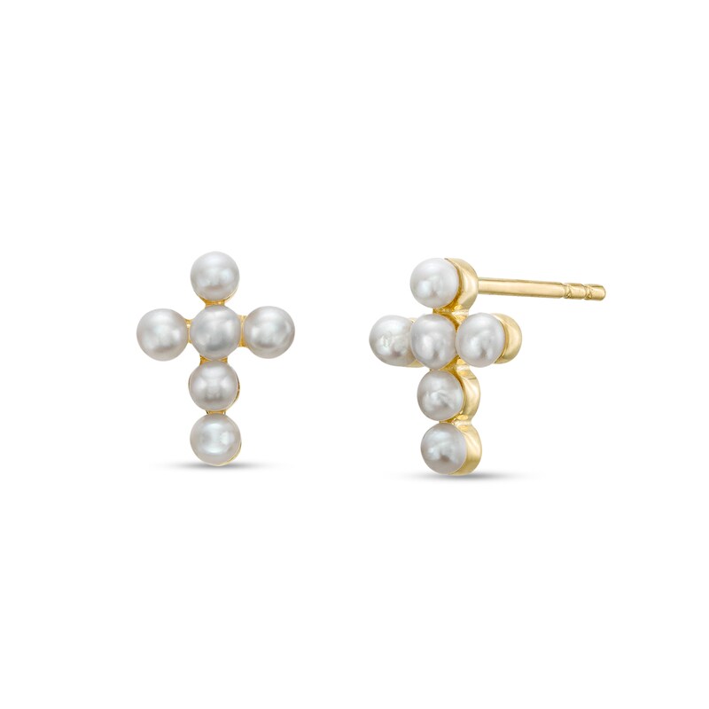 Main Image 1 of Freshwater Cultured Pearl Mini Cross Stud Earrings in 10K Gold