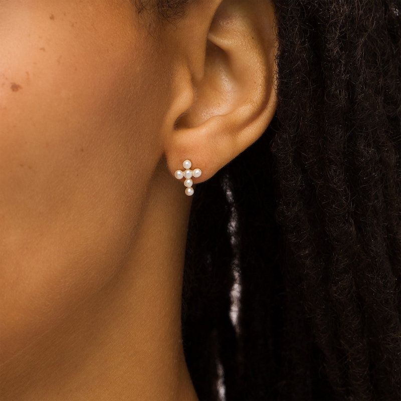 Main Image 2 of Freshwater Cultured Pearl Mini Cross Stud Earrings in 10K Gold