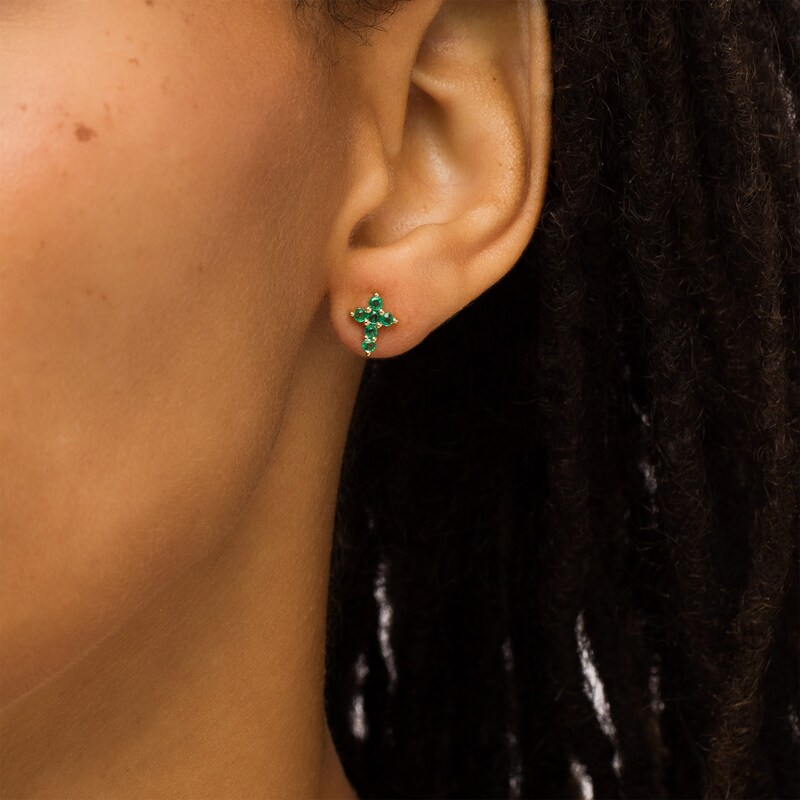 Main Image 2 of Emerald Mini Cross Stud Earrings in 10K Gold