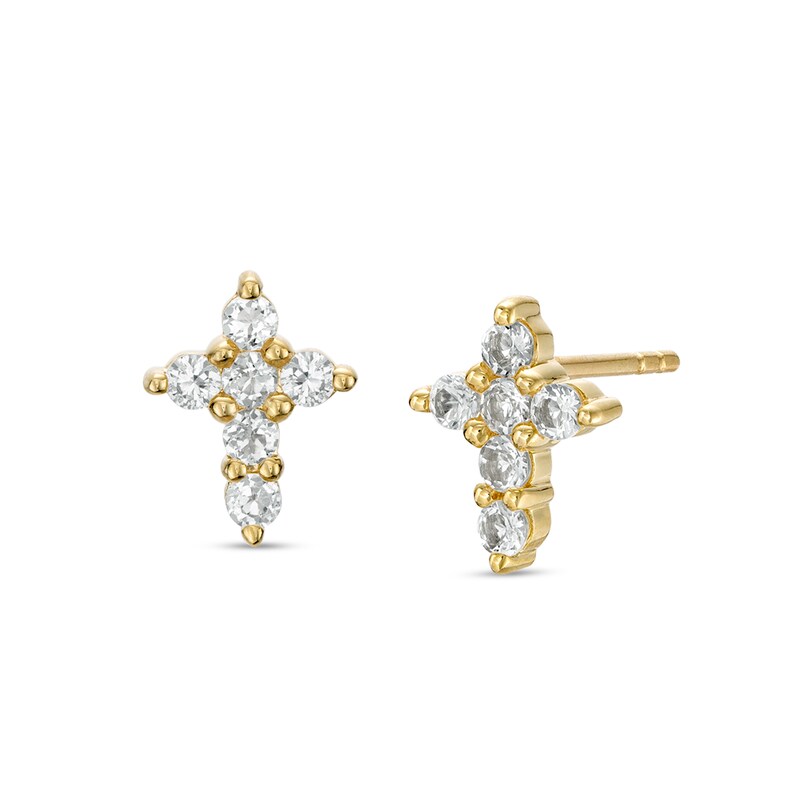 White Topaz Mini Cross Stud Earrings in 10K Gold