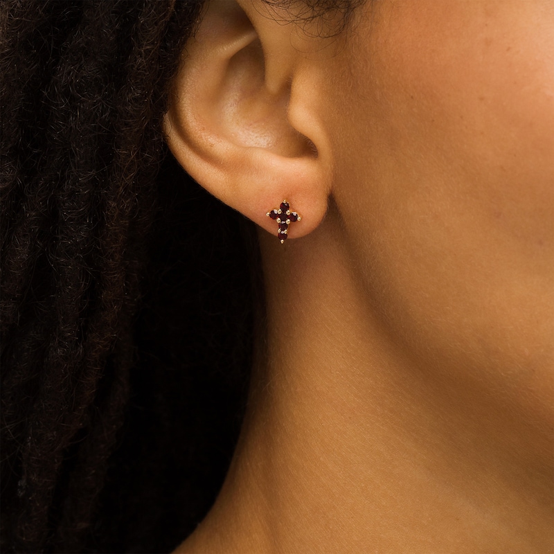 Main Image 2 of Garnet Mini Cross Stud Earrings in 10K Gold