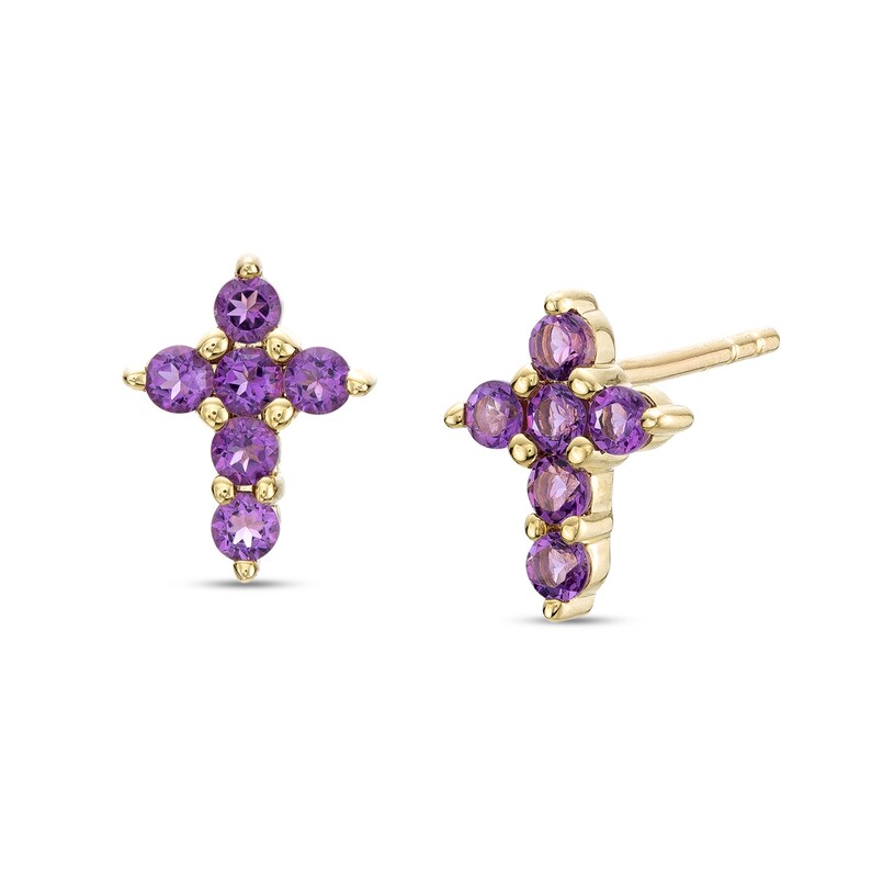 Main Image 1 of Amethyst Mini Cross Stud Earrings in 10K Gold