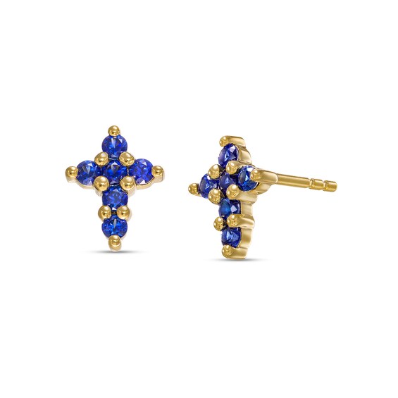 Blue Sapphire Mini Cross Earrings in 10K Gold