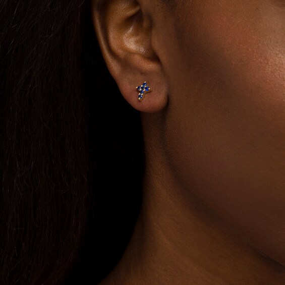 Blue Sapphire Mini Cross Earrings in 10K Gold