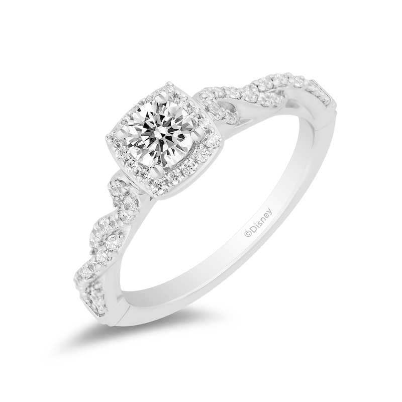 Main Image 1 of Enchanted Disney Ariel 3/4 CT. T.W. Diamond Cushion-Shaped Frame Twist Shank Engagement Ring in 14K White Gold