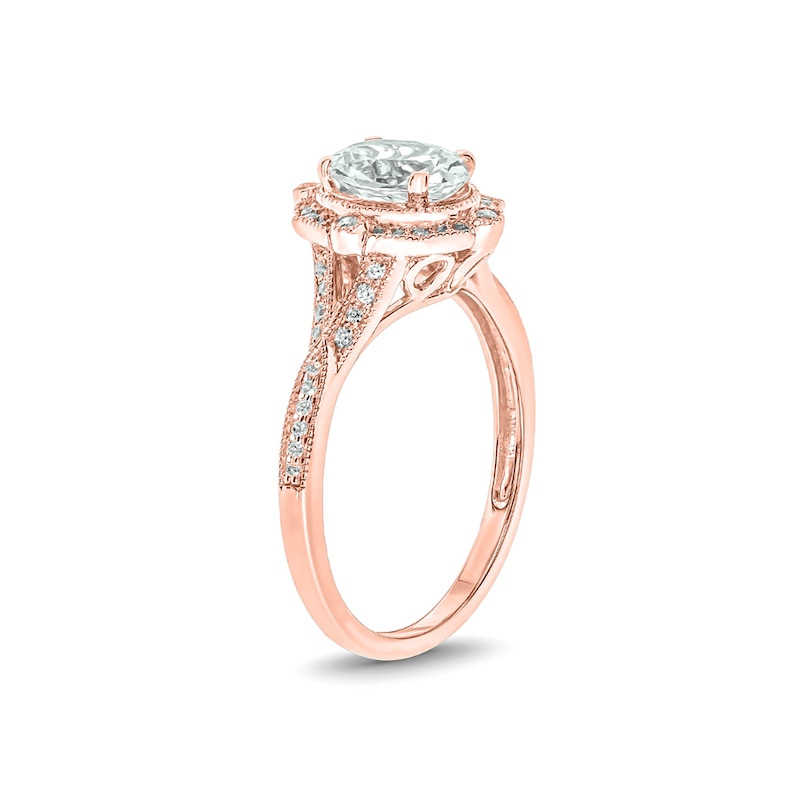 Main Image 2 of Oval White Lab-Created Sapphire and 1/5 CT. T.W. Diamond Quatrefoil Frame Art Deco Vintage-Style Ring in 10K Rose Gold