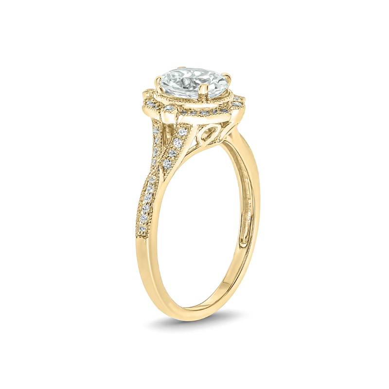 Oval White Lab-Created Sapphire and 1/5 CT. T.W. Diamond Quatrefoil Frame Art Deco Vintage-Style Ring in 10K Gold