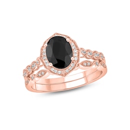 Oval Black Sapphire and 1/5 CT. T.W. Diamond Quatrefoil Frame Art Deco Vintage-Style Bridal Set in 10K Rose Gold