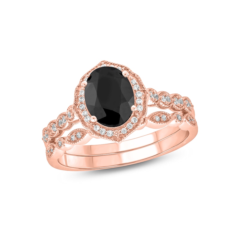 Main Image 1 of Oval Black Sapphire and 1/5 CT. T.W. Diamond Quatrefoil Frame Art Deco Vintage-Style Bridal Set in 10K Rose Gold