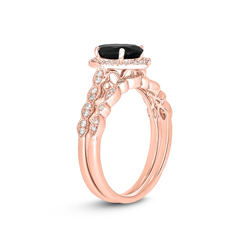 Main Image 2 of Oval Black Sapphire and 1/5 CT. T.W. Diamond Quatrefoil Frame Art Deco Vintage-Style Bridal Set in 10K Rose Gold
