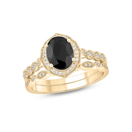 Oval Black Sapphire and 1/5 CT. T.W. Diamond Quatrefoil Frame Art Deco Vintage-Style Bridal Set in 10K Gold