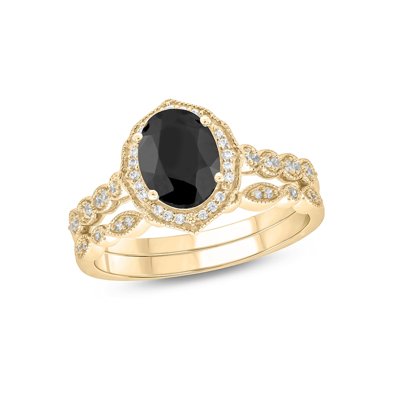 Main Image 1 of Oval Black Sapphire and 1/5 CT. T.W. Diamond Quatrefoil Frame Art Deco Vintage-Style Bridal Set in 10K Gold
