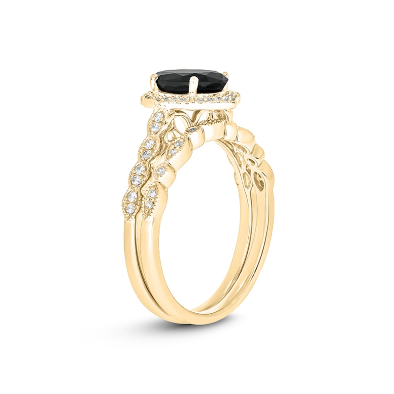 Main Image 2 of Oval Black Sapphire and 1/5 CT. T.W. Diamond Quatrefoil Frame Art Deco Vintage-Style Bridal Set in 10K Gold