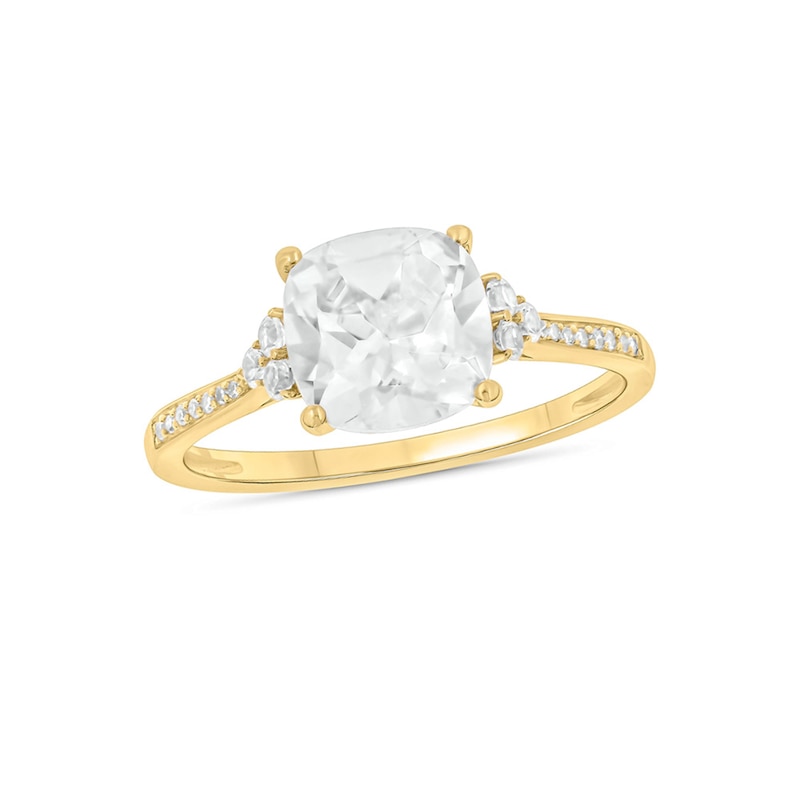 8.0mm Cushion-Cut White Lab-Created Sapphire and 1/20 CT. T.W. Diamond Tri-Sides Ring in 10K Gold