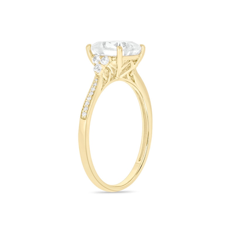 Main Image 2 of 8.0mm Cushion-Cut White Lab-Created Sapphire and 1/20 CT. T.W. Diamond Tri-Sides Ring in 10K Gold