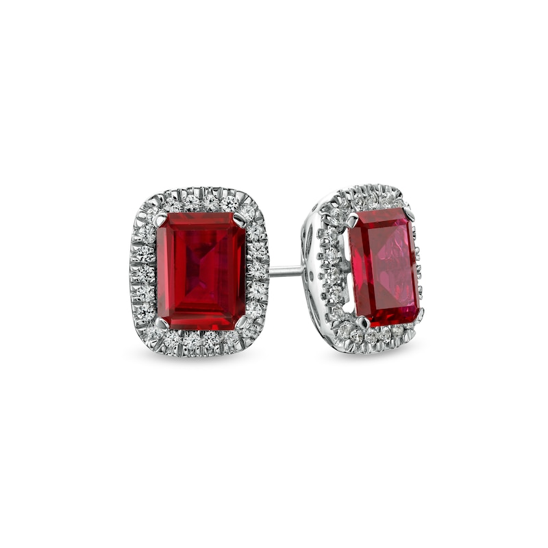 Emerald-Cut Lab-Created Ruby and White Lab-Created Sapphire Cushion Frame Stud Earrings in Sterling Silver