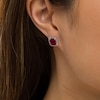 Emerald-Cut Lab-Created Ruby and White Lab-Created Sapphire Cushion Frame Stud Earrings in Sterling Silver