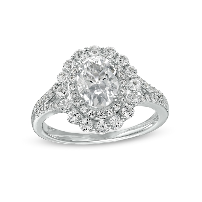 Main Image 1 of Oval White Lab-Created Sapphire Double Frame Split Shank Ring in Sterling Silver